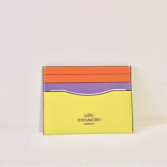 COACH Slim ID Card Case Colorblock Sv/Bright Yellow Multi Crossgrain Leather NWT - Picture 2 of 5